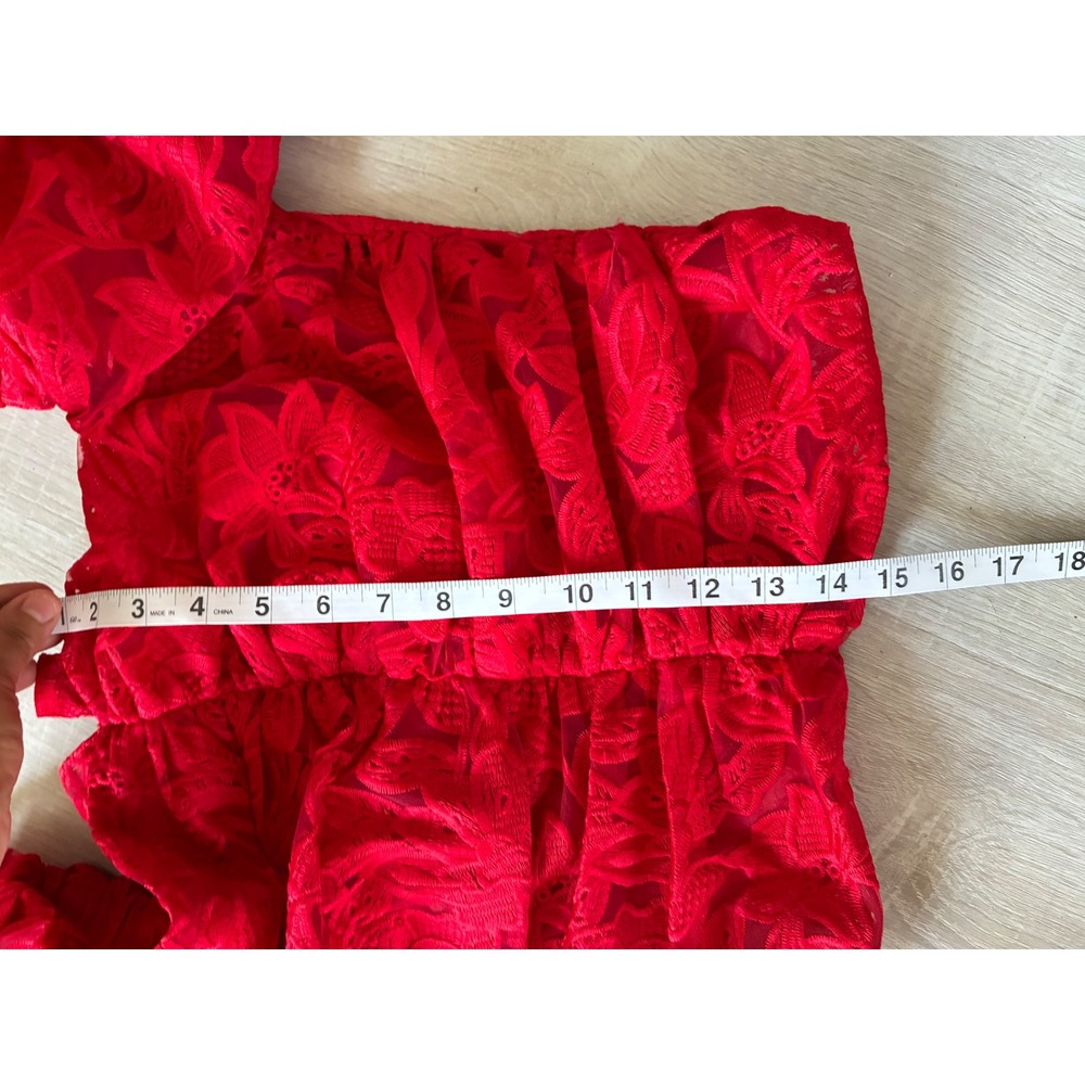 Venus Red Lace Halter Off Shoulder Puff Sleeve Romantic Ruched Crop Top Size 8 - Picture 6 of 8